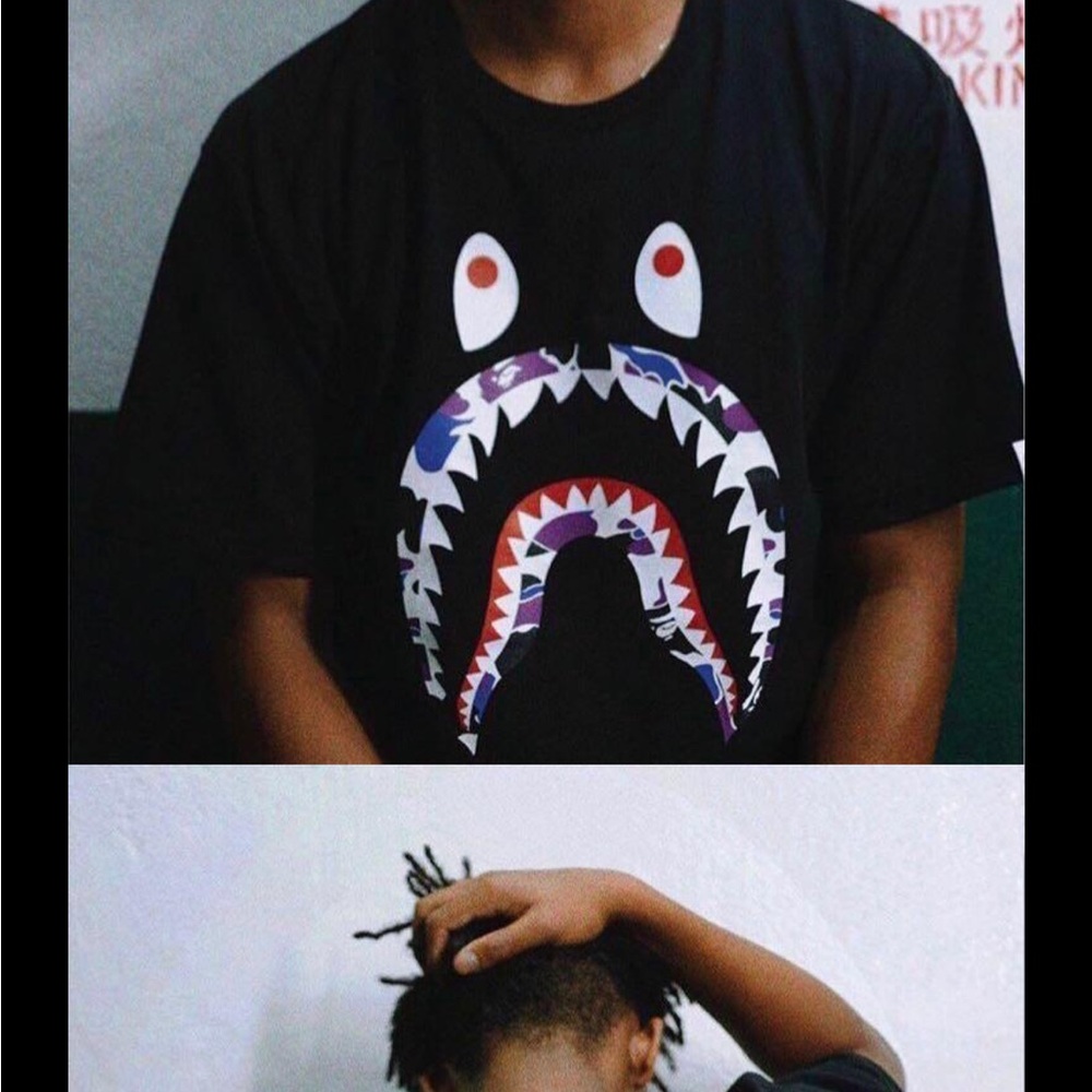 Bape Kids Black Shark Tee with Purple & Red Accents